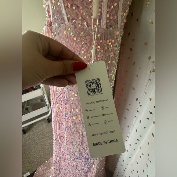 Lavetir NWT Sequin Velvet Corset Lace Up Back High Side Sexy Slit Prom Dress 4 - Picture 8 of 10